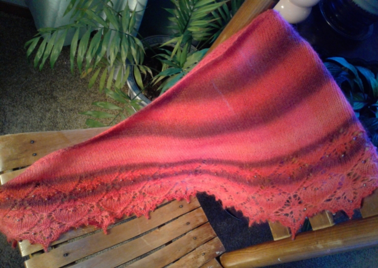 Lace alpaca merino wool hand knit shawl in red tones